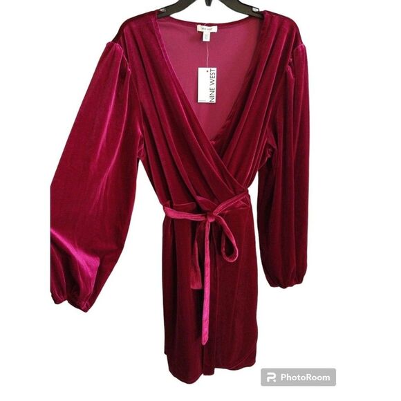 Nine west velour puff sleeve tie front dress pink 4x knee length Boho - Picture 2 of 9